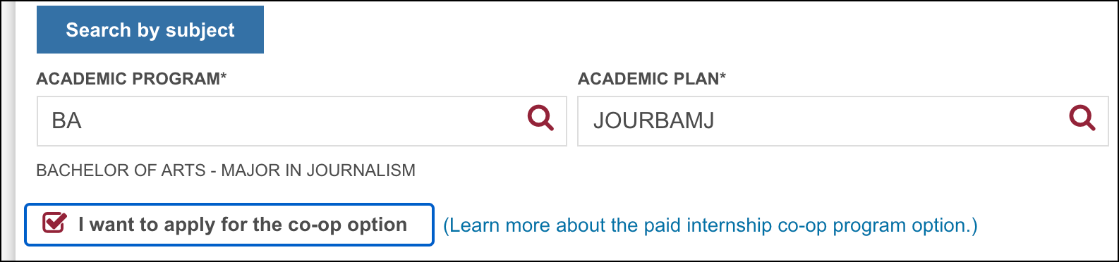 Co-op option checkbox Checkbox beside "I want to apply for the co-op option" on the Concordia application form